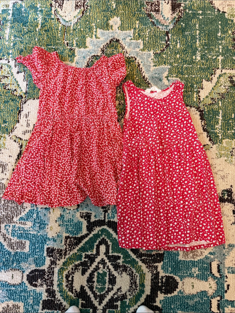2 Red Floral Girls' Dresses - Sleeveless and Flutter Sleeve Options
